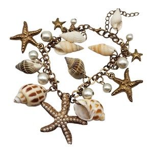 Seashell, Starfish & Bead Bracelet on Gold-tone Chain